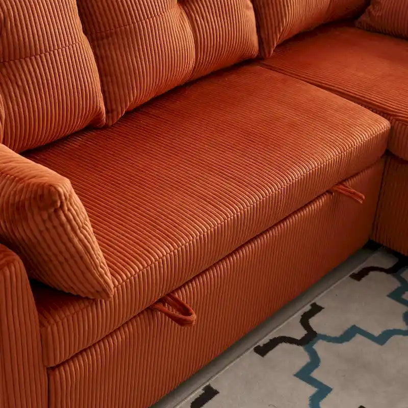 Canapé d'angle en velours côtelé de 205 cm, méridienne réversible, rangement caché, mousse à mémoire de forme