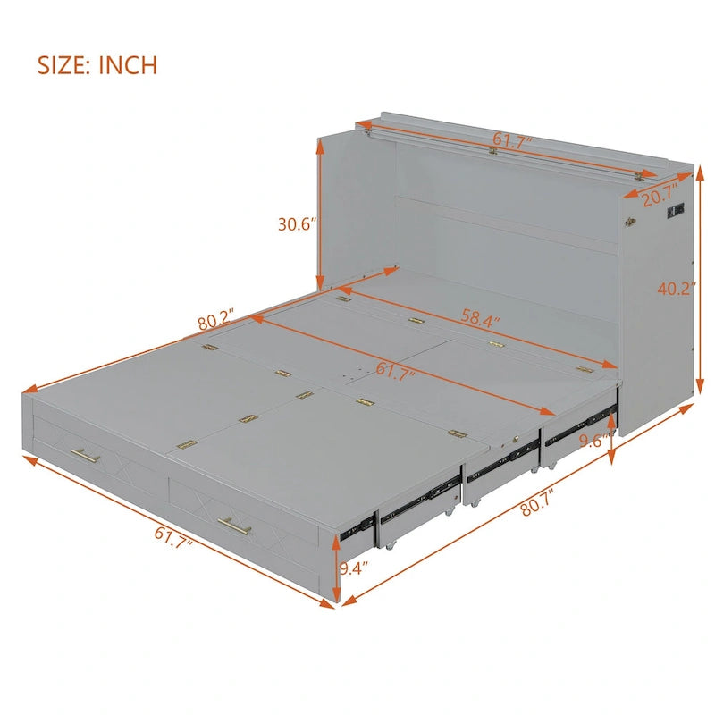 Lit mezzanine escamotable en bois avec étagère de rangement rembourrée et bureau, structure à poulies, capacité de 272 kg