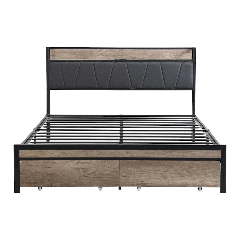 Lit double en métal noir et gris avec tête de lit rembourrée et rangement et port USB