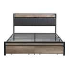 Lit double en métal noir et gris avec tête de lit rembourrée et rangement et port USB