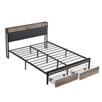 Lit double en métal noir et gris avec tête de lit rembourrée et rangement et port USB