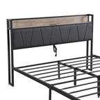 Lit double en métal noir et gris avec tête de lit rembourrée et rangement et port USB