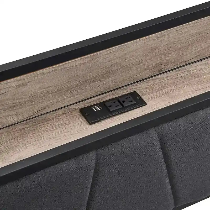 Lit double en métal noir et gris avec tête de lit rembourrée et rangement et port USB