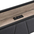 Lit double en métal noir et gris avec tête de lit rembourrée et rangement et port USB