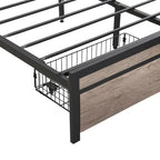 Lit double en métal noir et gris avec tête de lit rembourrée et rangement et port USB
