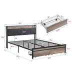 Lit double en métal noir et gris avec tête de lit rembourrée et rangement et port USB
