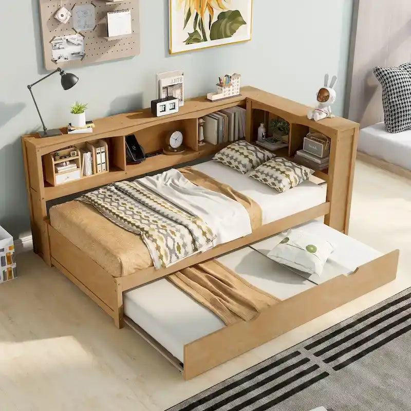 Lit de jour double en bois avec lit gigogne, 5 armoires de rangement, port USB et prise de courant, bois de pin
