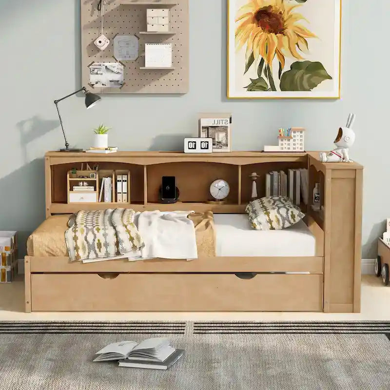 Lit de jour double en bois avec lit gigogne, 5 armoires de rangement, port USB et prise de courant, bois de pin
