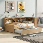 Lit de jour double en bois avec lit gigogne, 5 armoires de rangement, port USB et prise de courant, bois de pin