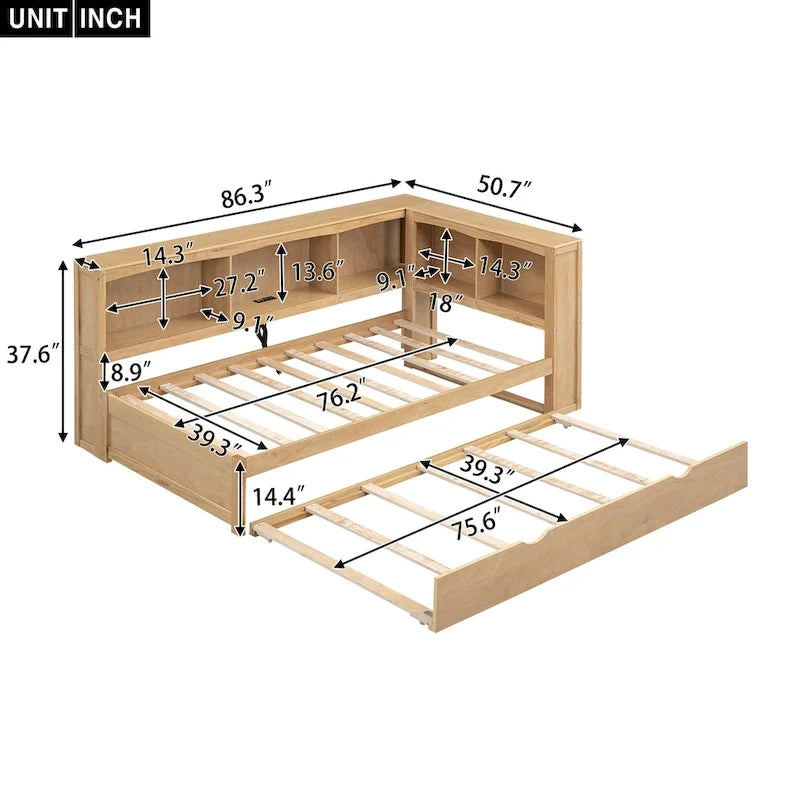 Lit de jour double en bois avec lit gigogne, 5 armoires de rangement, port USB et prise de courant, bois de pin