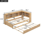 Lit de jour double en bois avec lit gigogne, 5 armoires de rangement, port USB et prise de courant, bois de pin