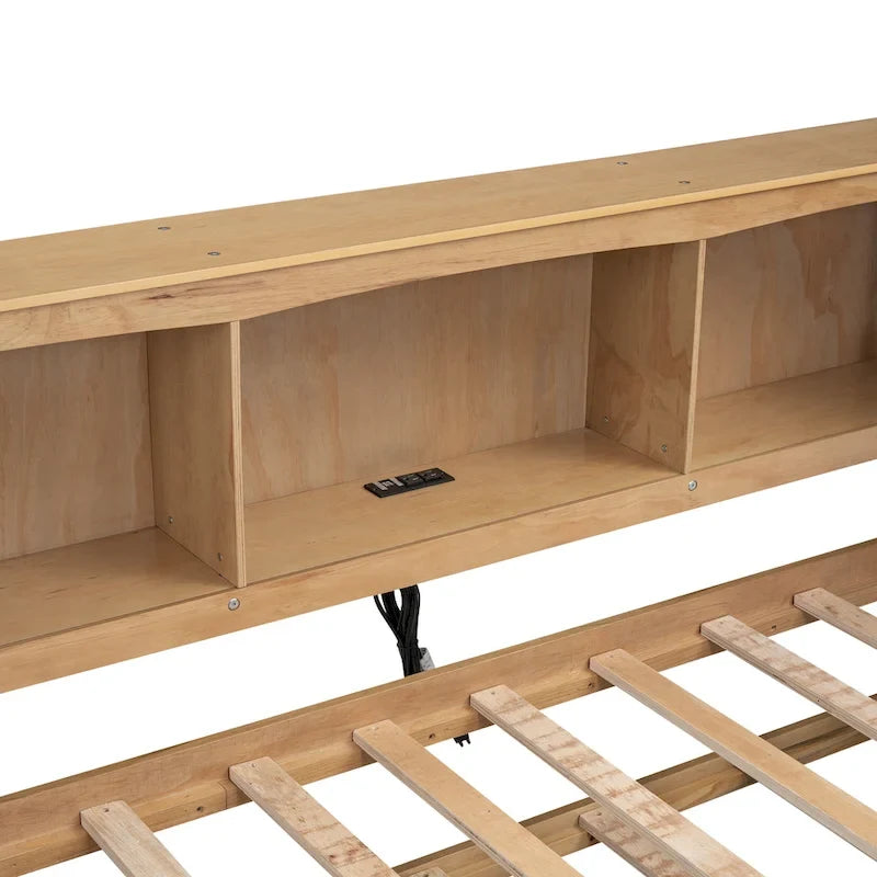 Lit de jour double en bois avec lit gigogne, 5 armoires de rangement, port USB et prise de courant, bois de pin