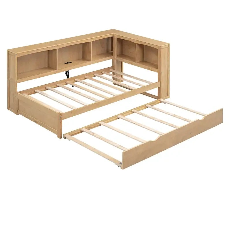 Lit de jour double en bois avec lit gigogne, 5 armoires de rangement, port USB et prise de courant, bois de pin