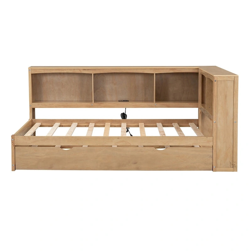 Lit de jour double en bois avec lit gigogne, 5 armoires de rangement, port USB et prise de courant, bois de pin
