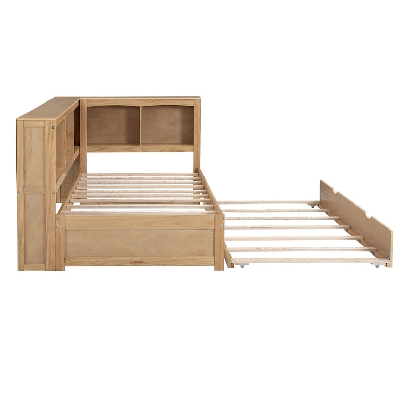 Lit de jour double en bois avec lit gigogne, 5 armoires de rangement, port USB et prise de courant, bois de pin