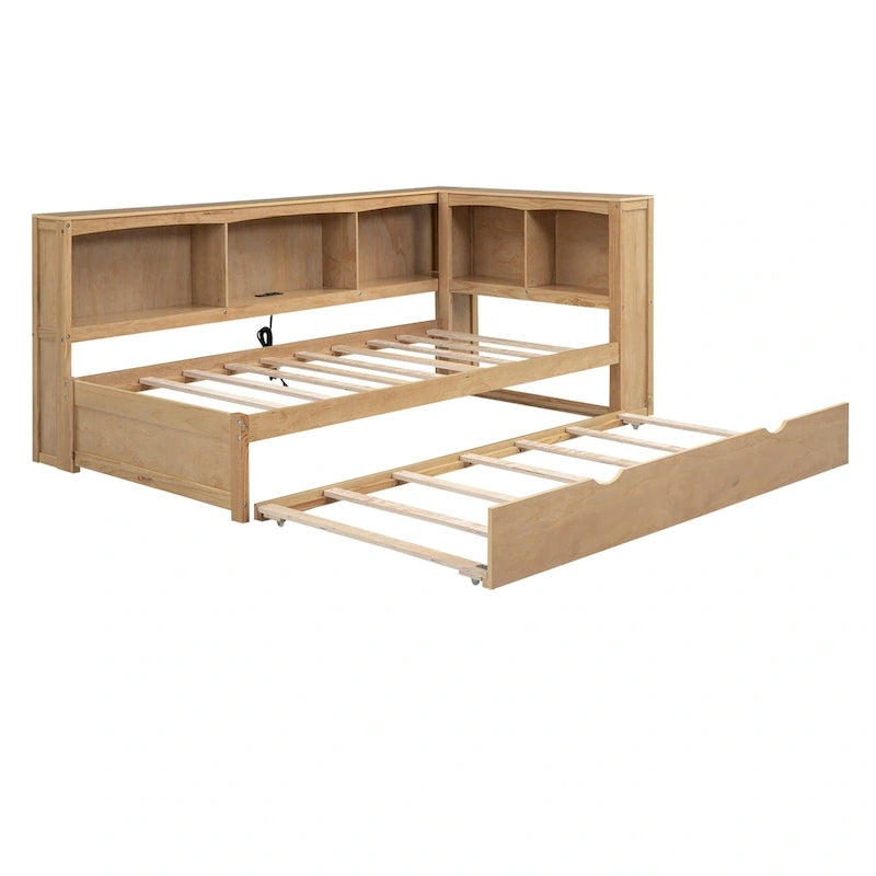 Lit de jour double en bois avec lit gigogne, 5 armoires de rangement, port USB et prise de courant, bois de pin