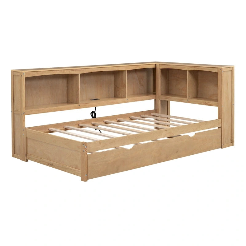 Lit de jour double en bois avec lit gigogne, 5 armoires de rangement, port USB et prise de courant, bois de pin