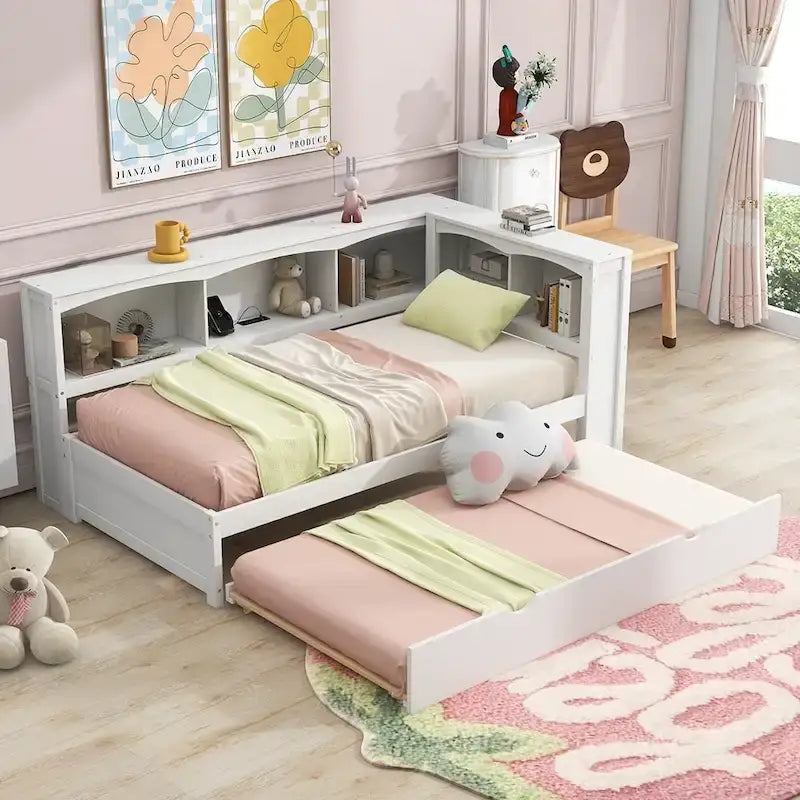 Lit de jour double en bois avec lit gigogne, 5 armoires de rangement, port USB et prise de courant, bois de pin