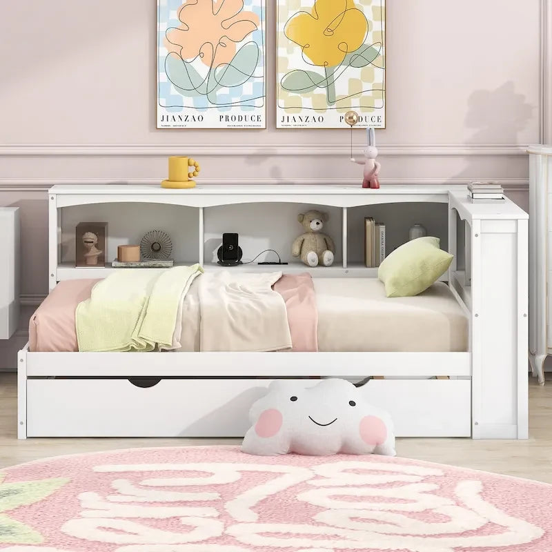 Lit de jour double en bois avec lit gigogne, 5 armoires de rangement, port USB et prise de courant, bois de pin