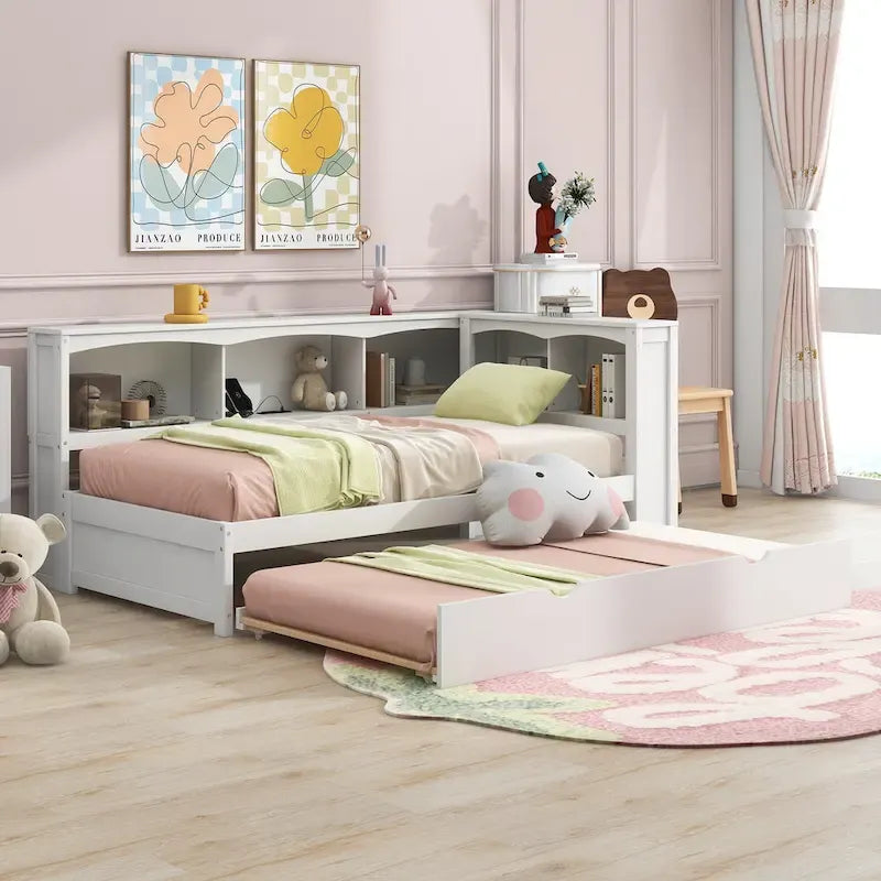 Lit de jour double en bois avec lit gigogne, 5 armoires de rangement, port USB et prise de courant, bois de pin