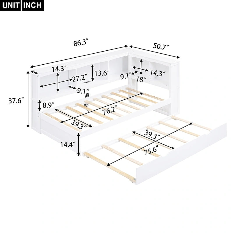 Lit de jour double en bois avec lit gigogne, 5 armoires de rangement, port USB et prise de courant, bois de pin