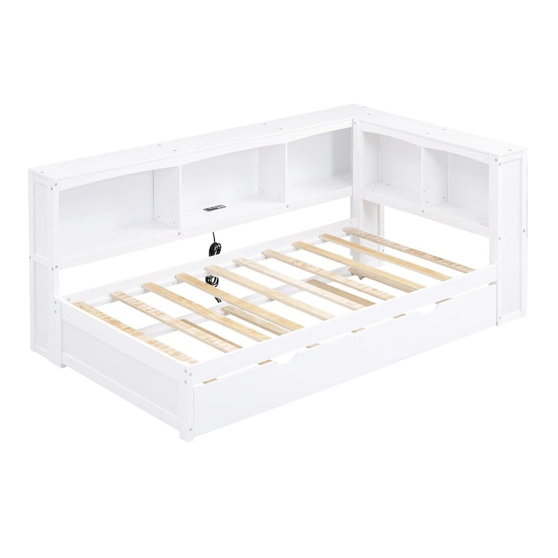 Lit de jour double en bois avec lit gigogne, 5 armoires de rangement, port USB et prise de courant, bois de pin