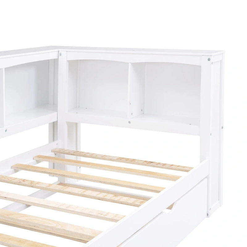 Lit de jour double en bois avec lit gigogne, 5 armoires de rangement, port USB et prise de courant, bois de pin