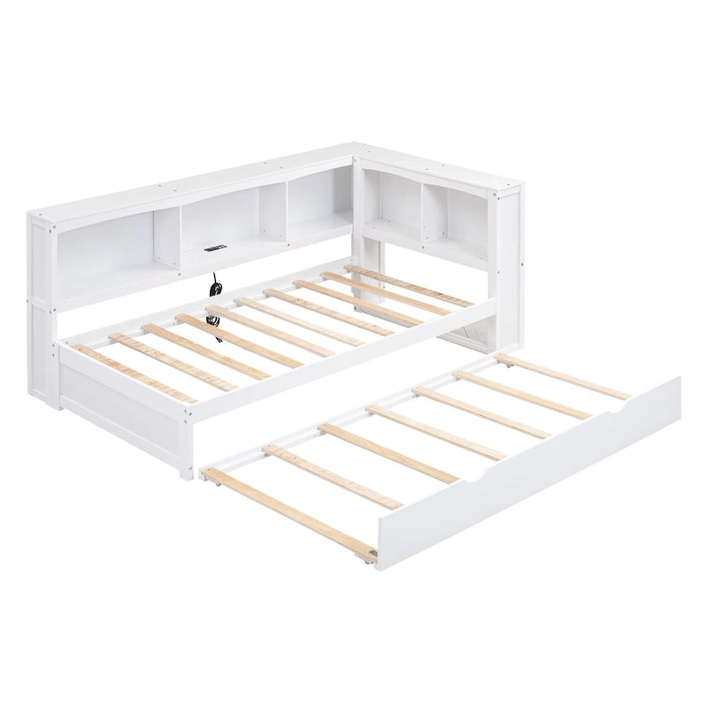 Lit de jour double en bois avec lit gigogne, 5 armoires de rangement, port USB et prise de courant, bois de pin