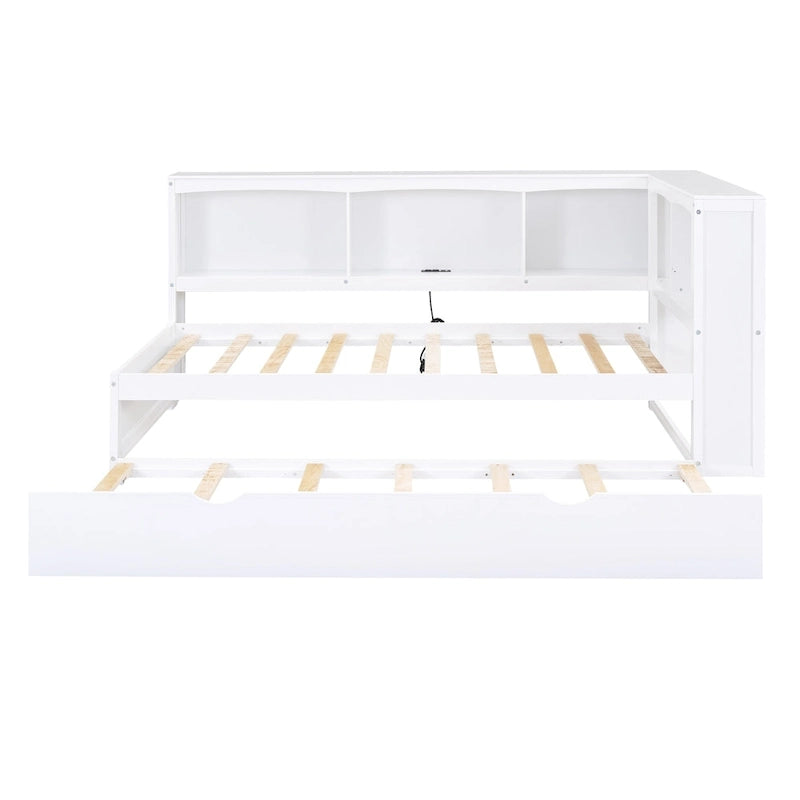 Lit de jour double en bois avec lit gigogne, 5 armoires de rangement, port USB et prise de courant, bois de pin