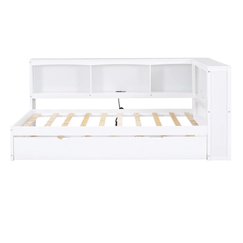 Lit de jour double en bois avec lit gigogne, 5 armoires de rangement, port USB et prise de courant, bois de pin