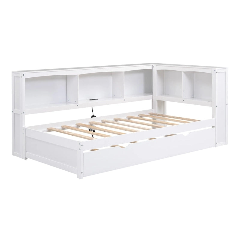 Lit de jour double en bois avec lit gigogne, 5 armoires de rangement, port USB et prise de courant, bois de pin