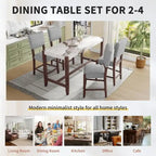 Ensemble de salle à manger moderne 5 pièces hauteur comptoir, table de bar en faux marbre et 4 chaises assise rembourrée