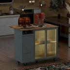 Desserte de cuisine îlot avec éclairage LED, bar de petit-déjeuner à abattants sur roulettes, meuble bar avec 2 tiroirs, 2 portes vitrées et 1 placard basculant