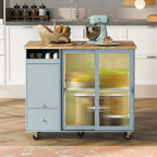 Desserte de cuisine îlot avec éclairage LED, bar de petit-déjeuner à abattants sur roulettes, meuble bar avec 2 tiroirs, 2 portes vitrées et 1 placard basculant