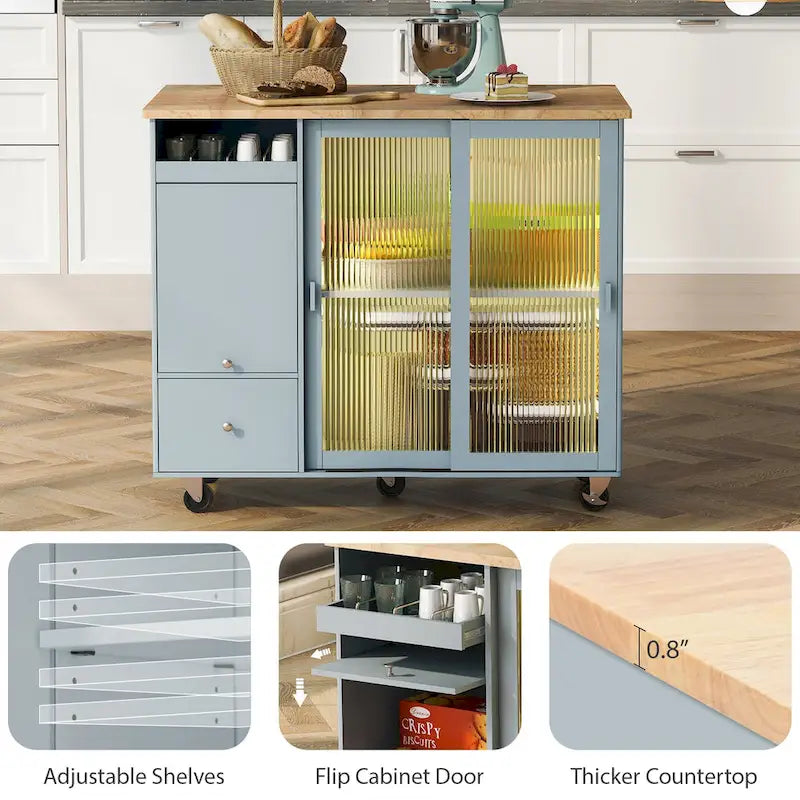 Desserte de cuisine îlot avec éclairage LED, bar de petit-déjeuner à abattants sur roulettes, meuble bar avec 2 tiroirs, 2 portes vitrées et 1 placard basculant