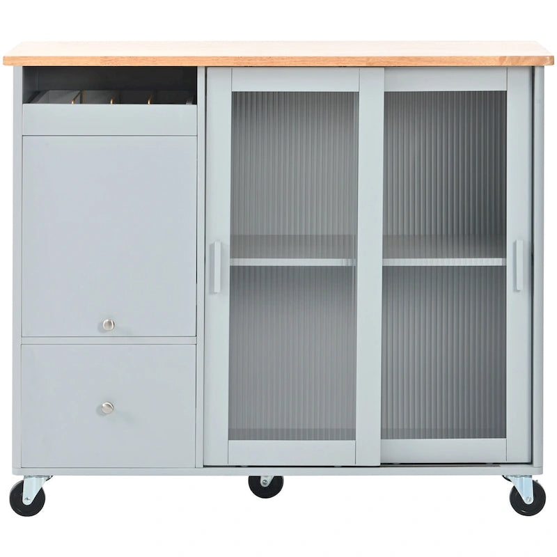 Desserte de cuisine îlot avec éclairage LED, bar de petit-déjeuner à abattants sur roulettes, meuble bar avec 2 tiroirs, 2 portes vitrées et 1 placard basculant