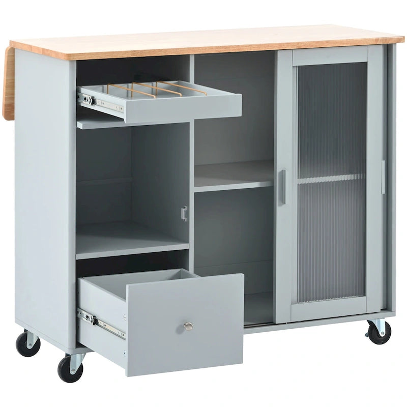 Desserte de cuisine îlot avec éclairage LED, bar de petit-déjeuner à abattants sur roulettes, meuble bar avec 2 tiroirs, 2 portes vitrées et 1 placard basculant