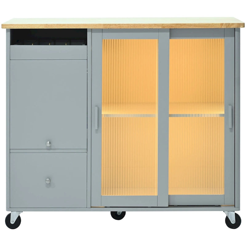Desserte de cuisine îlot avec éclairage LED, bar de petit-déjeuner à abattants sur roulettes, meuble bar avec 2 tiroirs, 2 portes vitrées et 1 placard basculant