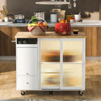 Desserte de cuisine îlot avec éclairage LED, bar de petit-déjeuner à abattants sur roulettes, meuble bar avec 2 tiroirs, 2 portes vitrées et 1 placard basculant