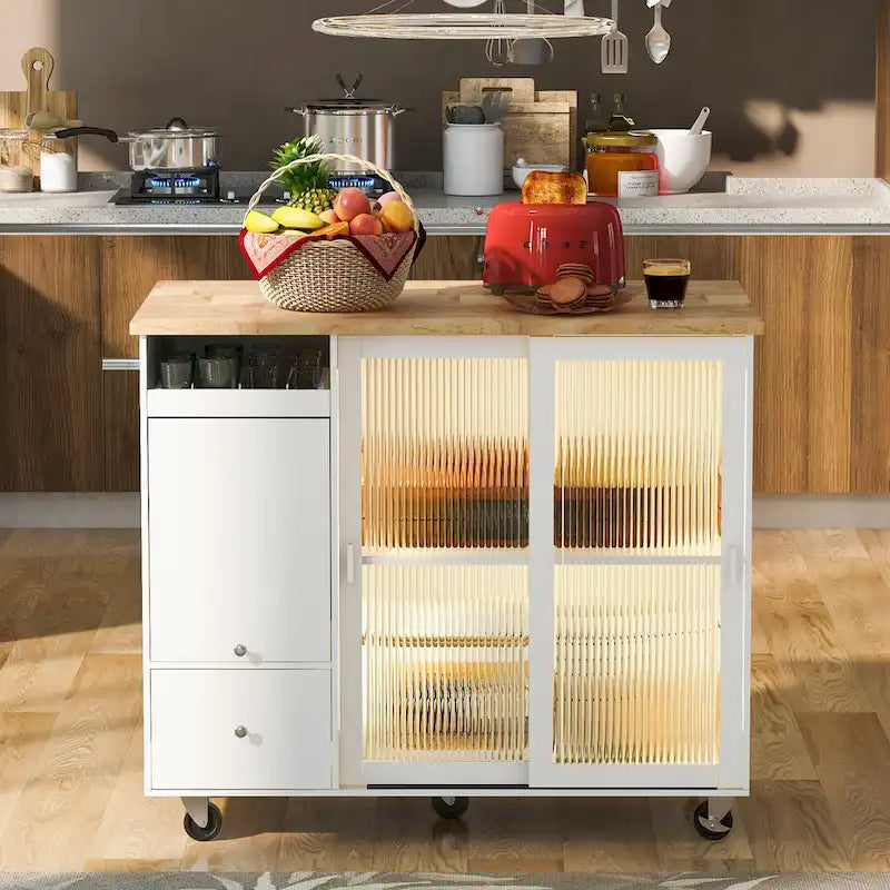 Desserte de cuisine îlot avec éclairage LED, bar de petit-déjeuner à abattants sur roulettes, meuble bar avec 2 tiroirs, 2 portes vitrées et 1 placard basculant
