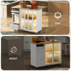 Desserte de cuisine îlot avec éclairage LED, bar de petit-déjeuner à abattants sur roulettes, meuble bar avec 2 tiroirs, 2 portes vitrées et 1 placard basculant