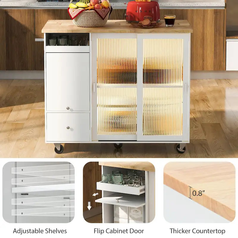 Desserte de cuisine îlot avec éclairage LED, bar de petit-déjeuner à abattants sur roulettes, meuble bar avec 2 tiroirs, 2 portes vitrées et 1 placard basculant