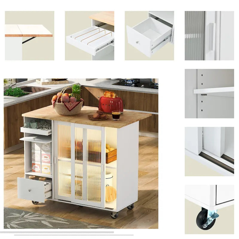 Desserte de cuisine îlot avec éclairage LED, bar de petit-déjeuner à abattants sur roulettes, meuble bar avec 2 tiroirs, 2 portes vitrées et 1 placard basculant