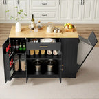 Îlot de cuisine avec poubelle basculante, table îlot mobile avec tiroir, étagères réglables et étagères latérales ouvertes à 3 niveaux.