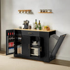 Îlot de cuisine avec poubelle basculante, table îlot mobile avec tiroir, étagères réglables et étagères latérales ouvertes à 3 niveaux.