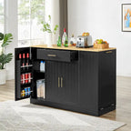 Îlot de cuisine avec poubelle basculante, table îlot mobile avec tiroir, étagères réglables et étagères latérales ouvertes à 3 niveaux.