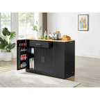 Îlot de cuisine avec poubelle basculante, table îlot mobile avec tiroir, étagères réglables et étagères latérales ouvertes à 3 niveaux.