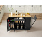 Îlot de cuisine avec poubelle basculante, table îlot mobile avec tiroir, étagères réglables et étagères latérales ouvertes à 3 niveaux.
