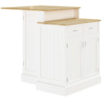 Îlot de cuisine avec armoire de rangement et plateau en bois d'hévéa à 2 niveaux, table îlot avec étagères réglables et tiroirs