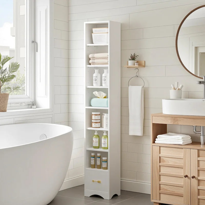 Armoire à Linge de Salle de Bain Étroite en Bois Massif à 8 Niveaux de 180 cm de Haut